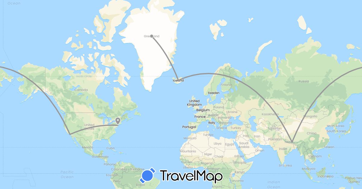 TravelMap itinerary: driving, plane in Afghanistan, Greenland, Iceland, United States (Asia, Europe, North America)